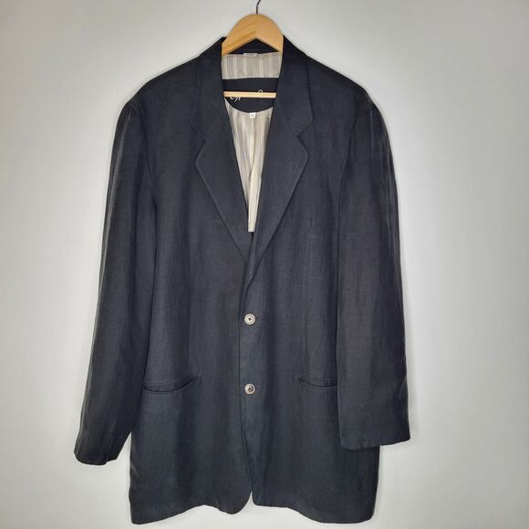 90s CYPRESS GROVE Black Two Button Blazer Jacket Size L *Tall Silk Linen Sport - Picture 1 of 8